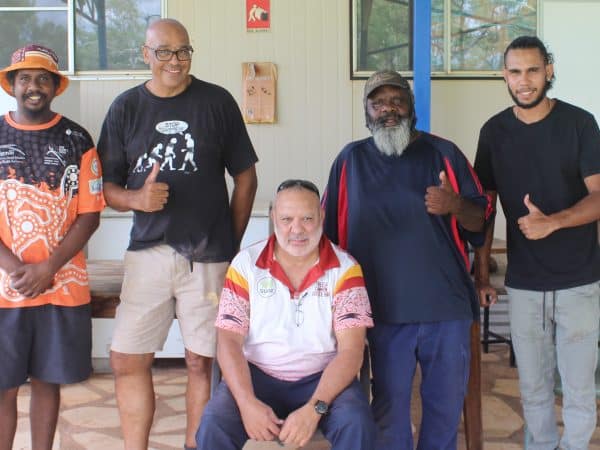 A planning meeting for the upcoming Bungaru Men's Group Camp toured the site of the 2022 camp. Pictured Left to Right: Teekus Mannings, Andy Nelson, Terry Murray, Joseph Callope and Charles Strang.